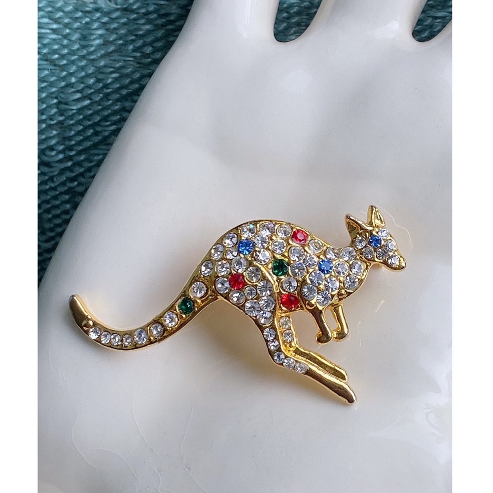 Vintage sapphire & ruby crystal kangaroo brooch